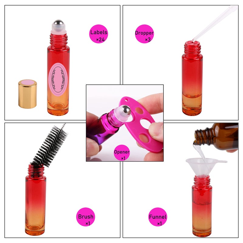 inice 24 10ml Essential Oils Roller Bottles Gradient Color Thick Glass Roll on Bottle Golden Metal Cap for Travel - Image 2